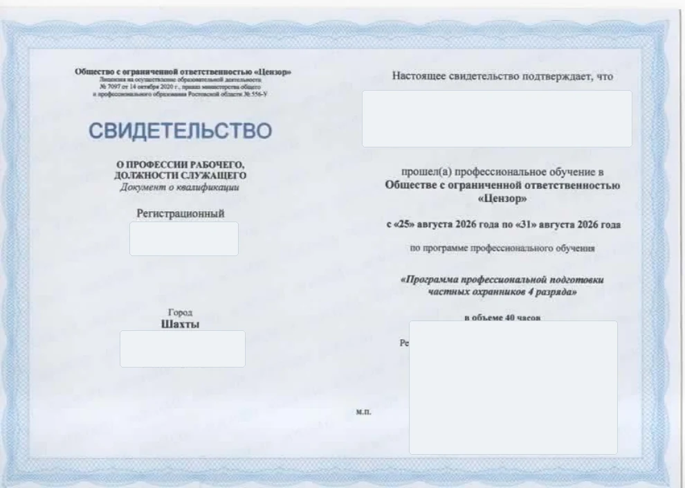 Обезличенный образец: Свидетельство о профессии рабочего, должности служащего
